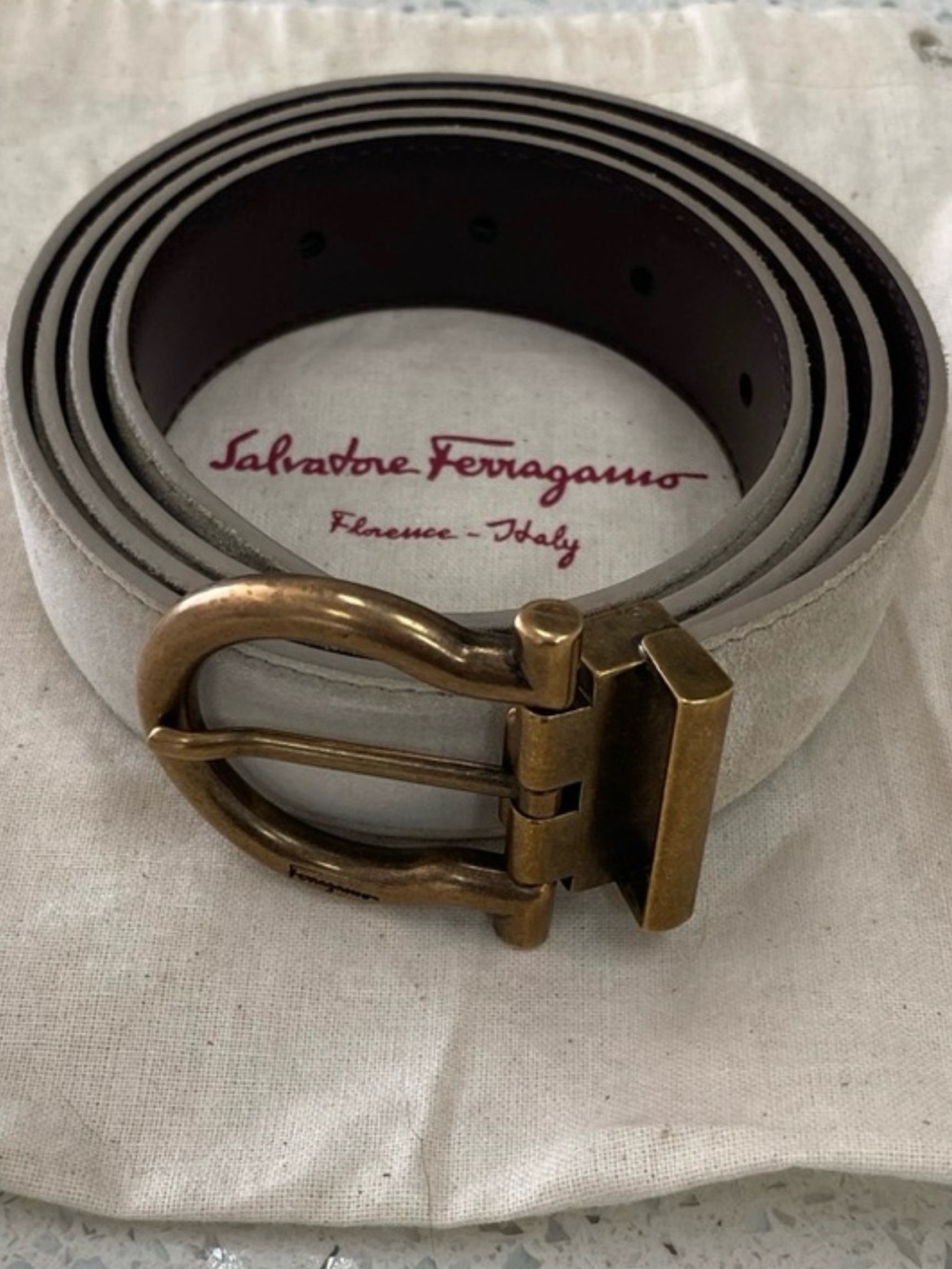 Authentic Salvador Ferragamo Men’s Leather Belt Light Cream w Brass Buckle Sz 40